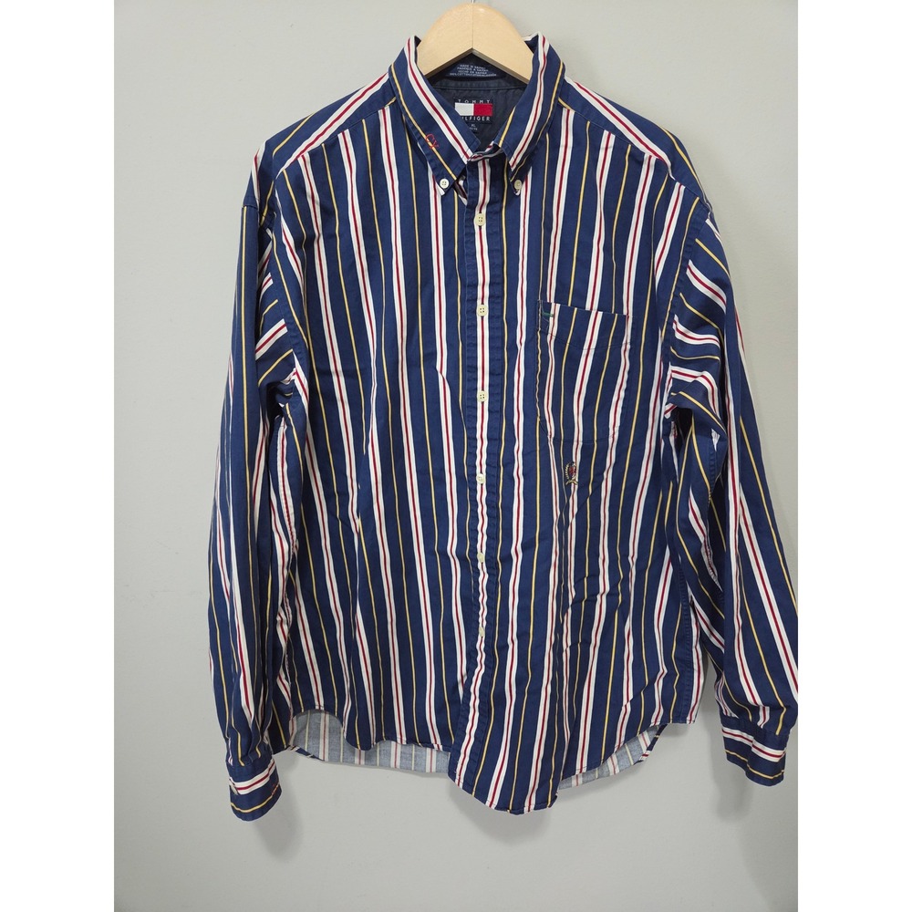 Tommy Hilfiger Mens XL Striped Button Down Shirt Navy Red Yellow Long Sleeve